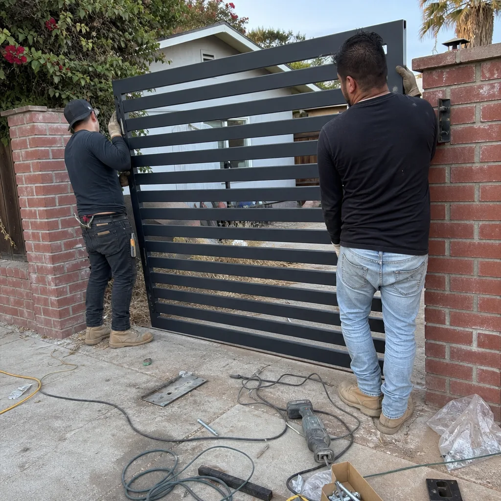 Two men installing a custom black metal driveway gate