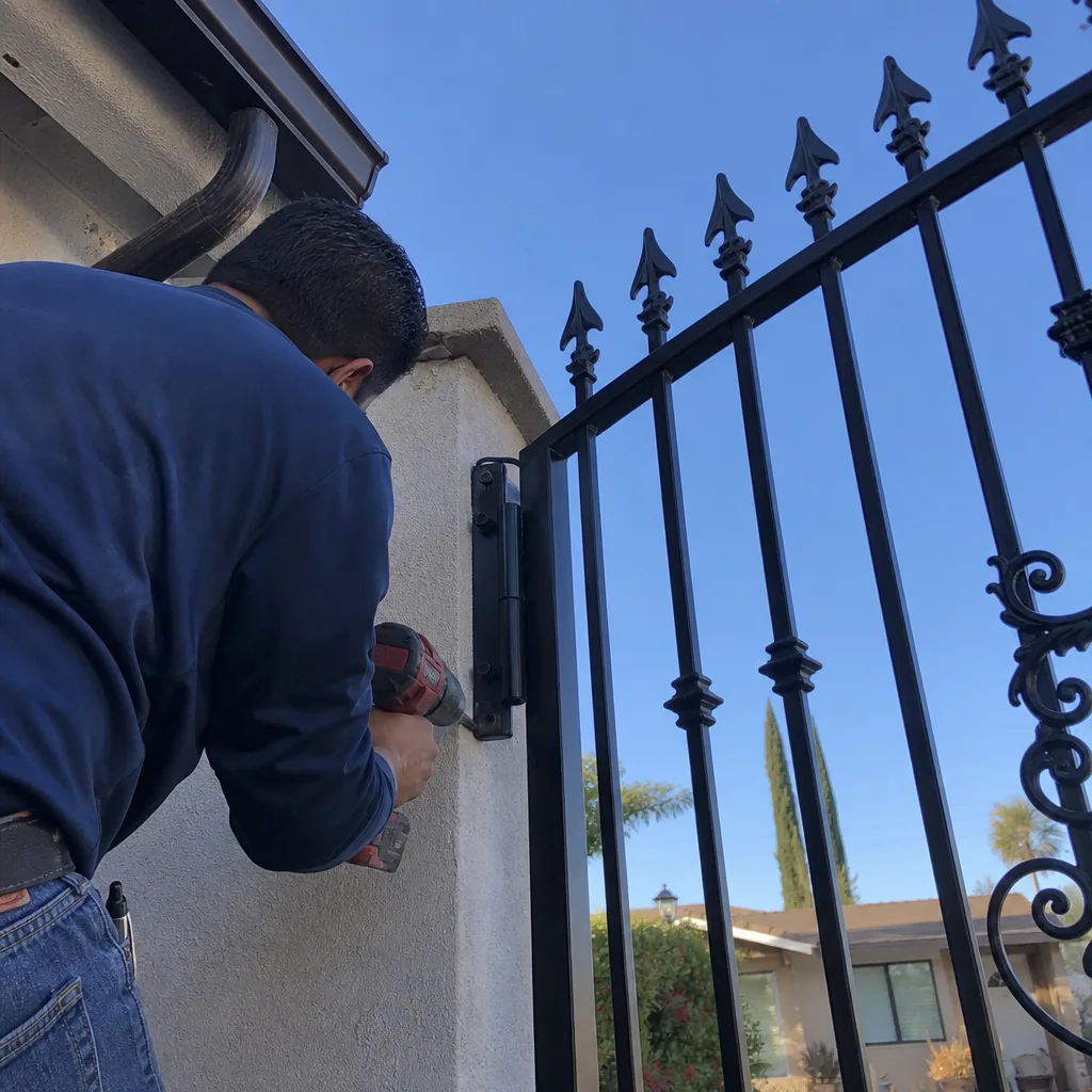 Technician using a power drill to install a metal gate hinge