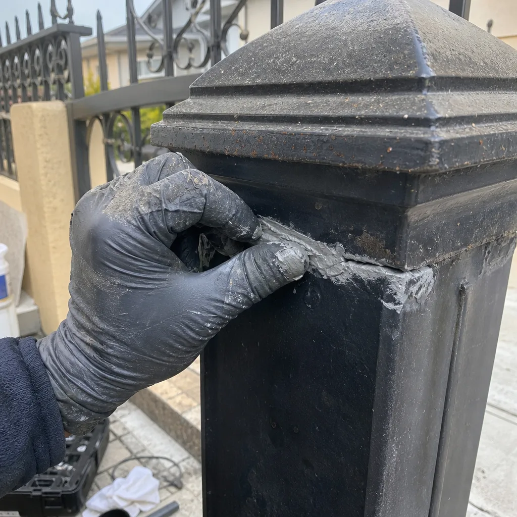 Gloved hand applying metal sealant to a damaged fence post