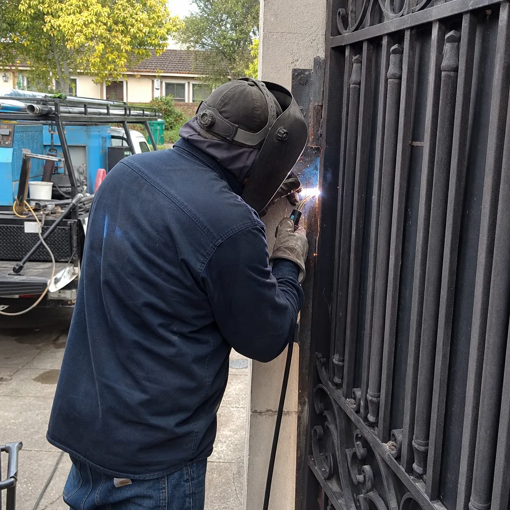 professional welding service repairing a residential black iron gate hinge